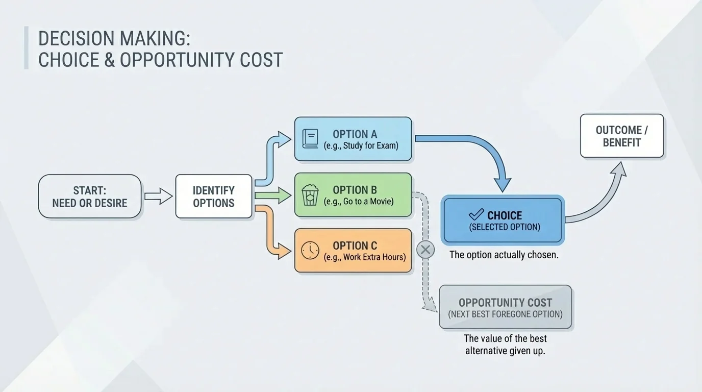 Simple decision flowchart showing three options, one selected choice, and the next best unchosen option labeled as opportunity cost