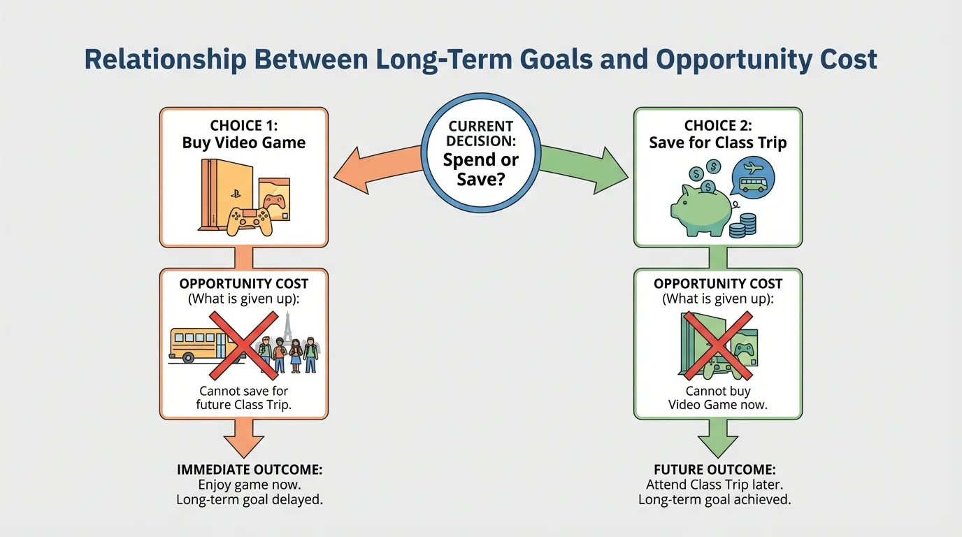 simple choice chart with one path to buy a video game and another path to save money for a class trip, highlighting what is given up