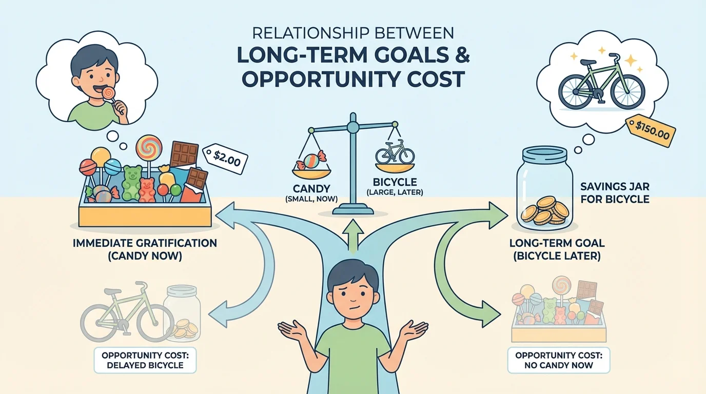 child choosing between buying candy now or saving in a jar for a bicycle later