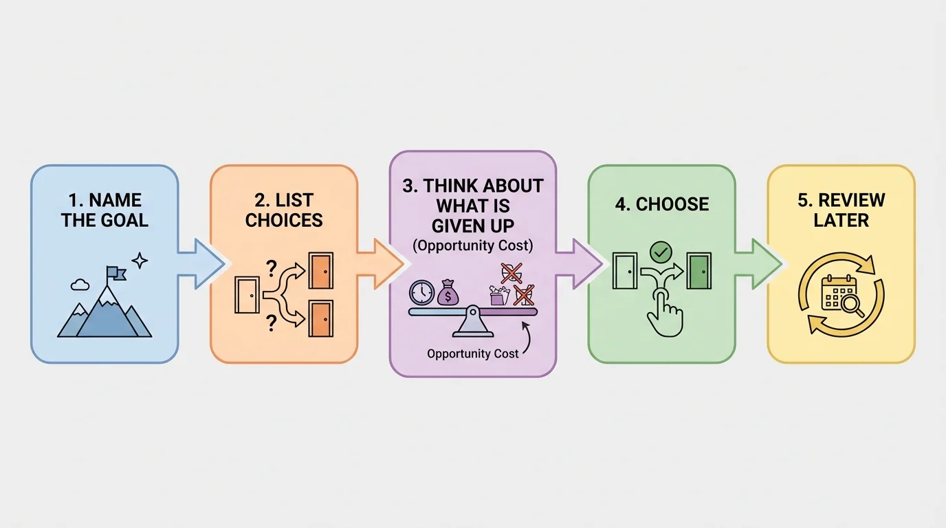 flowchart showing steps name the goal, list choices, think about what is given up, choose, and review later