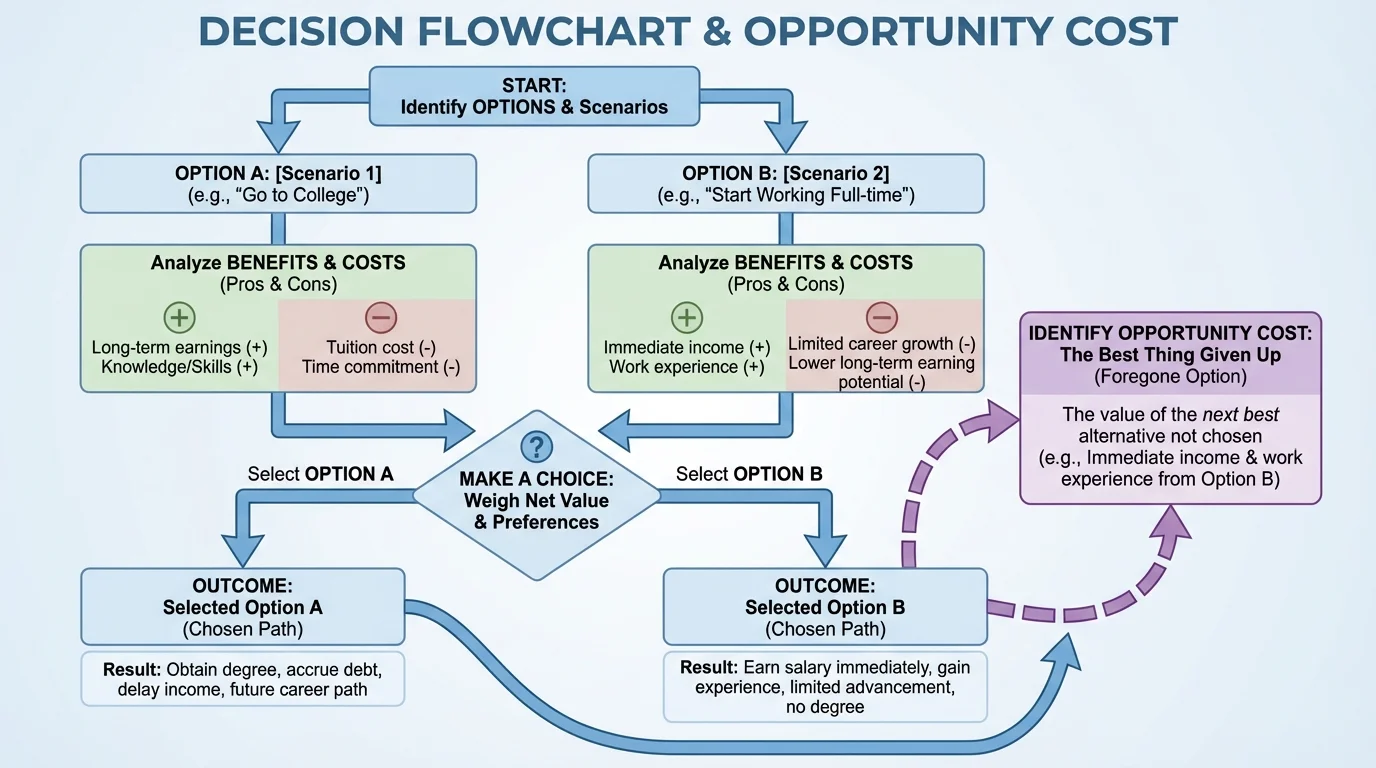 Decision flowchart with boxes labeled options, compare benefits and costs, make a choice, and identify the best thing given up