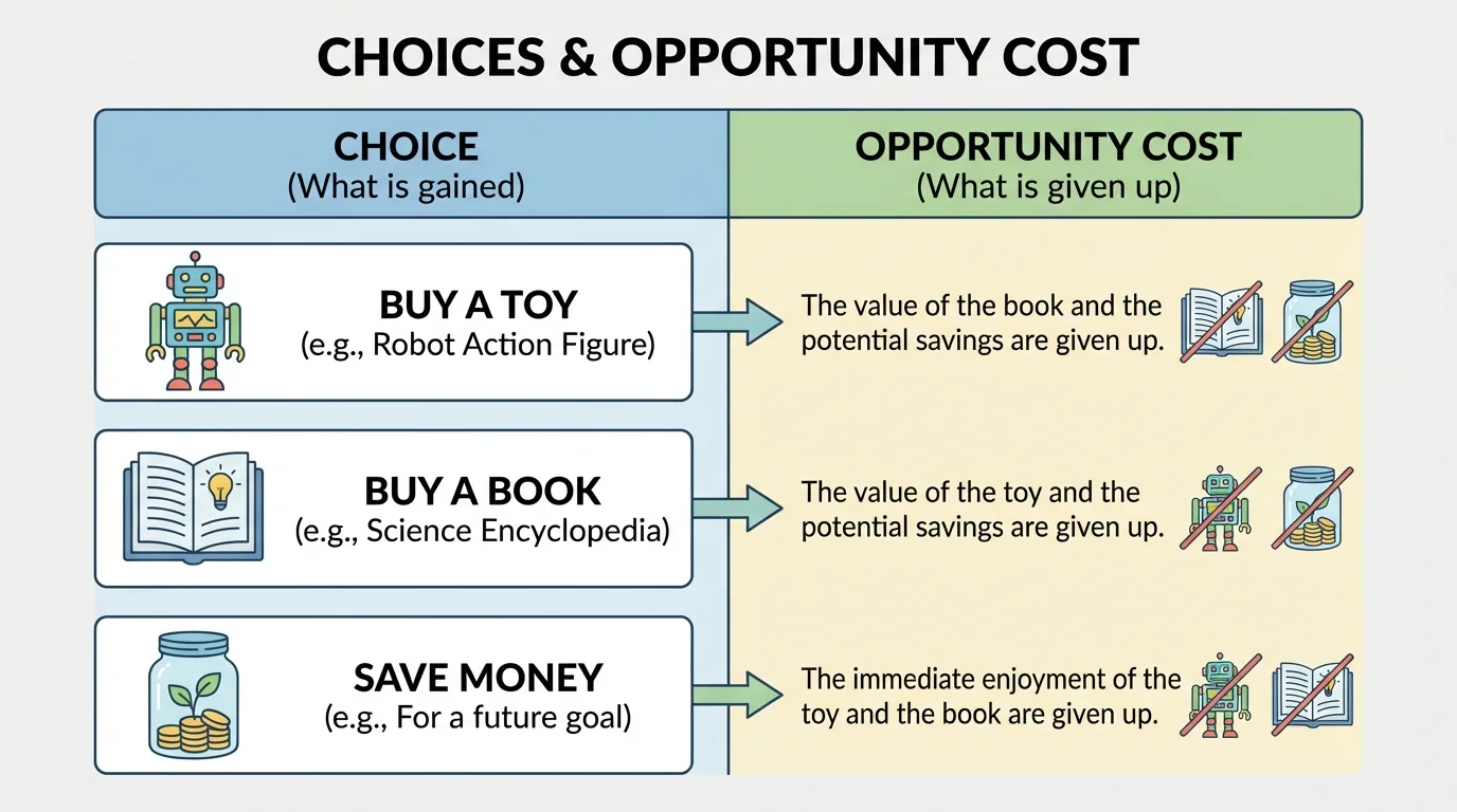 Two-column chart showing allowance options such as toy, book, and saving jar, with notes about what is gained and what is given up