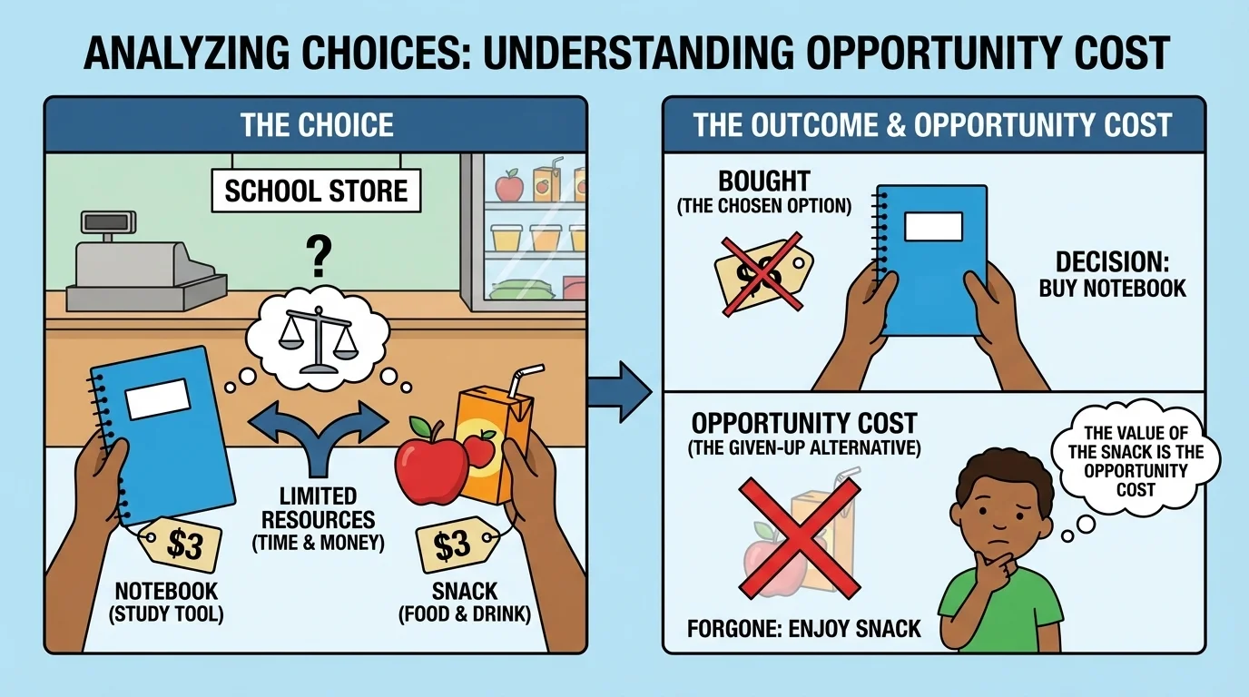 Child at a school store choosing between a notebook and a snack, with the notebook bought and the snack left behind to show the option given up