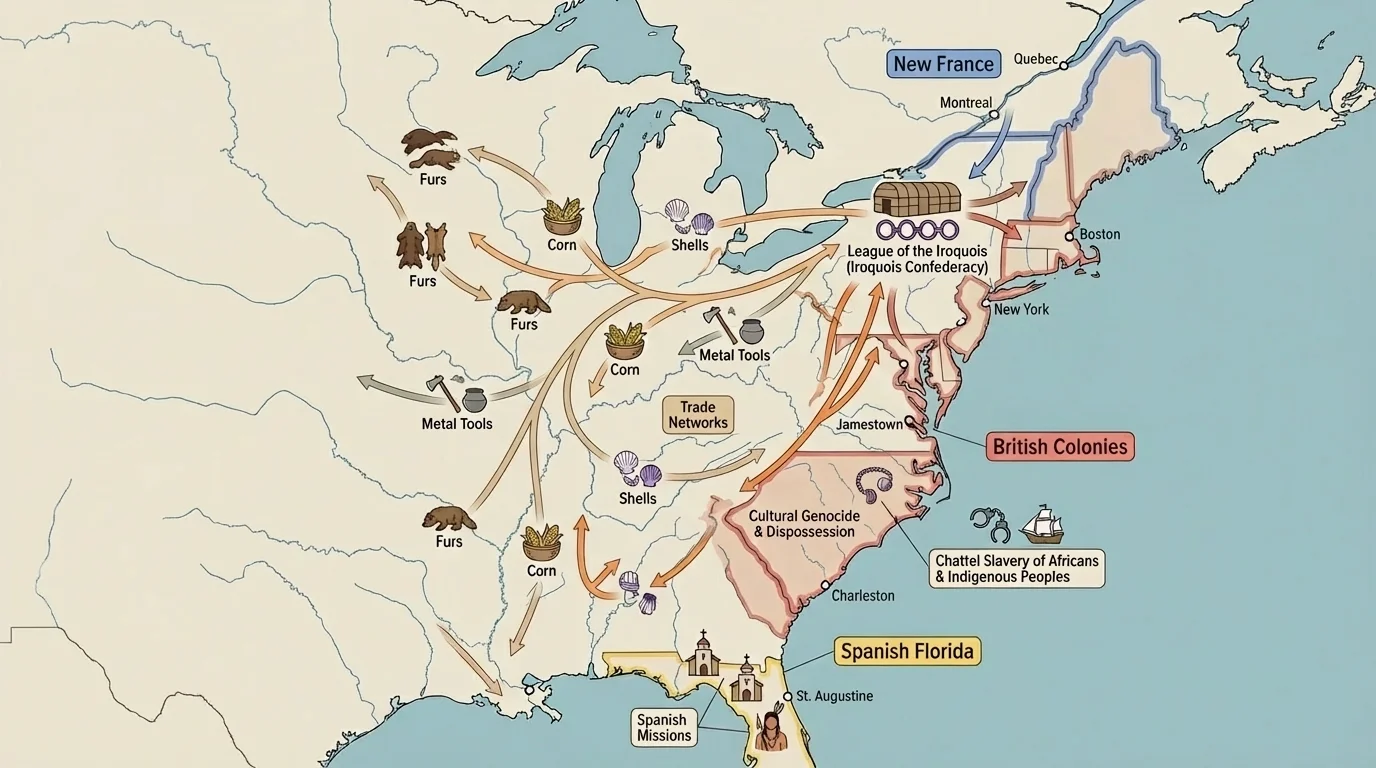 map of eastern North America showing Indigenous trade routes, coastal European colonies, and exchanged goods such as furs, corn, shells, and metal tools