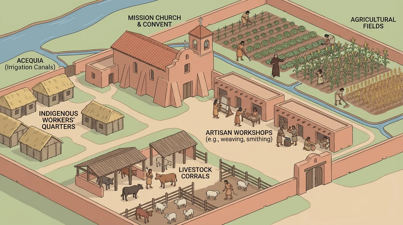 illustration of a Spanish mission showing church, farmland, workshops, priests, and Indigenous workers carrying out daily labor