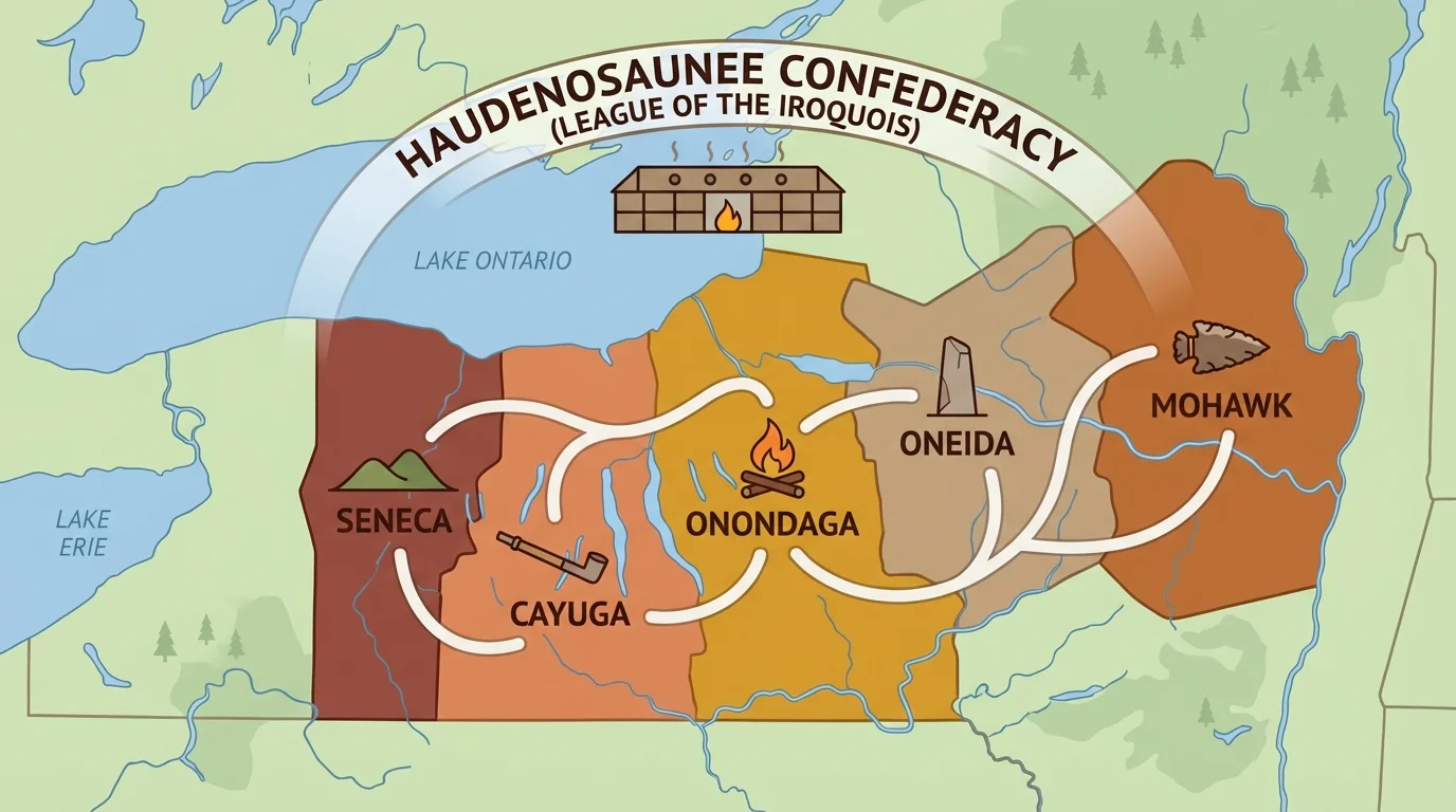 map of northeastern woodlands showing the territories of Mohawk, Oneida, Onondaga, Cayuga, and Seneca linked as the Haudenosaunee Confederacy