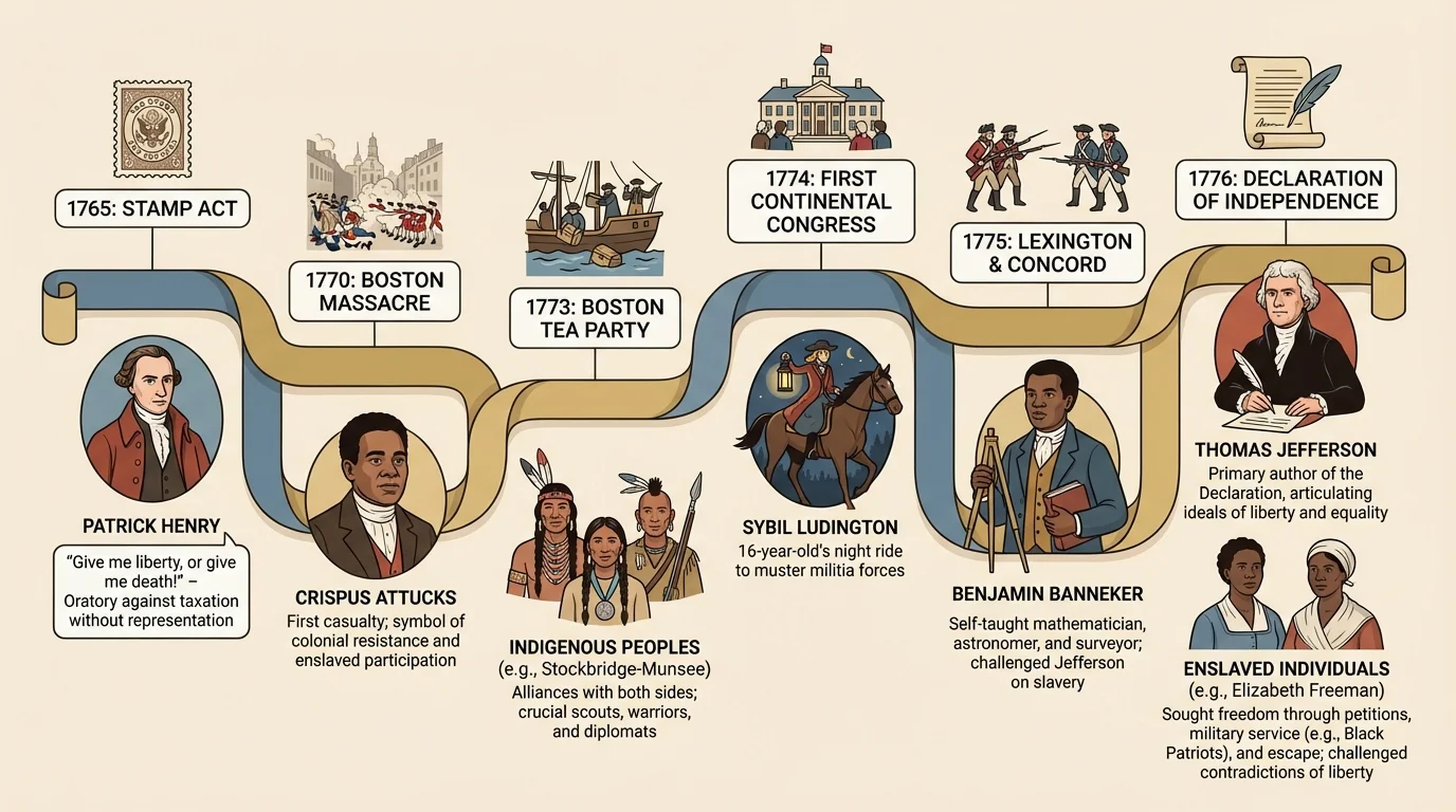 Timeline of events leading to independence including Stamp Act, Boston Massacre, Boston Tea Party, First Continental Congress, Lexington and Concord, and Declaration of Independence
