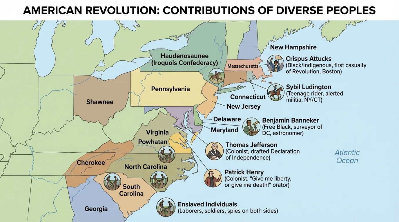 Map of eastern North America showing British colonies and several Indigenous nations including Haudenosaunee, Cherokee, Powhatan, and Shawnee in their regions