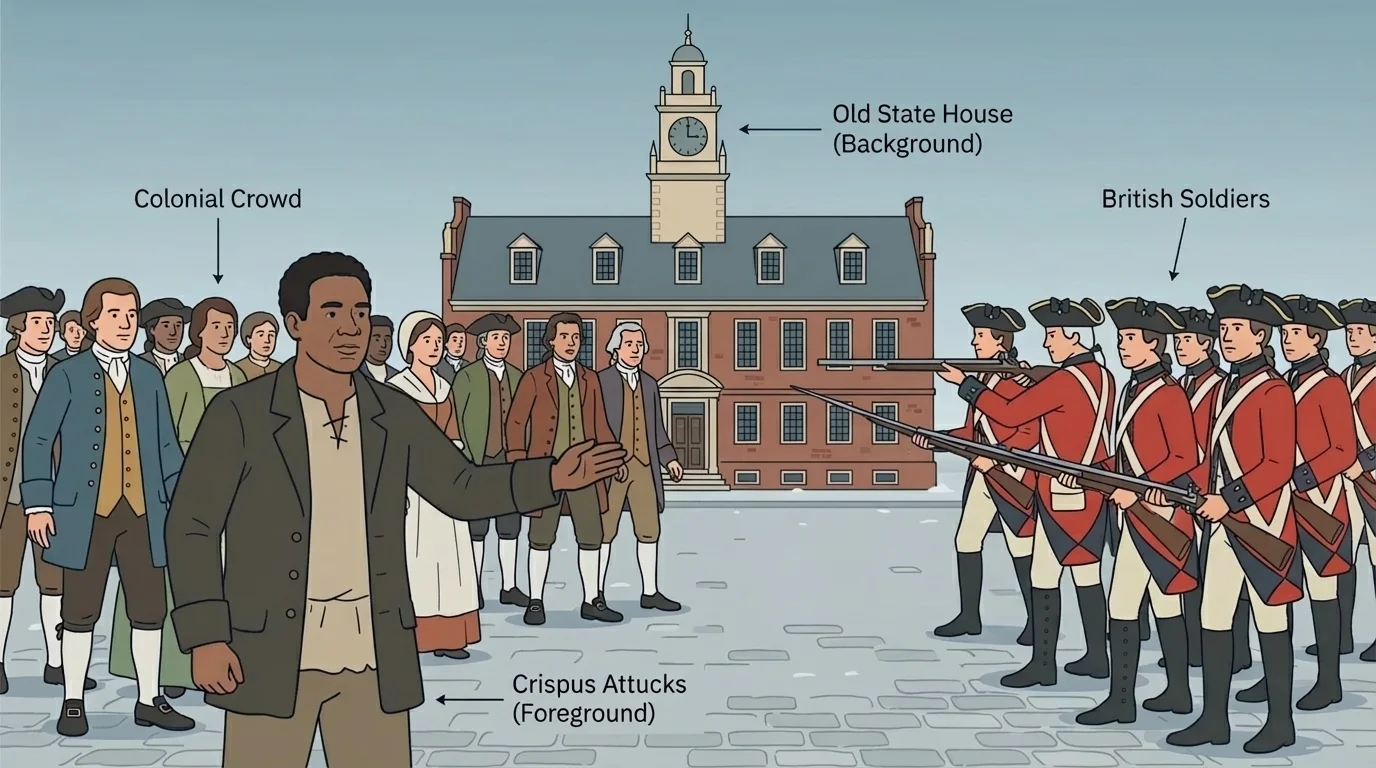 Illustration of the Boston Massacre with British soldiers facing a colonial crowd and Crispus Attucks at the front