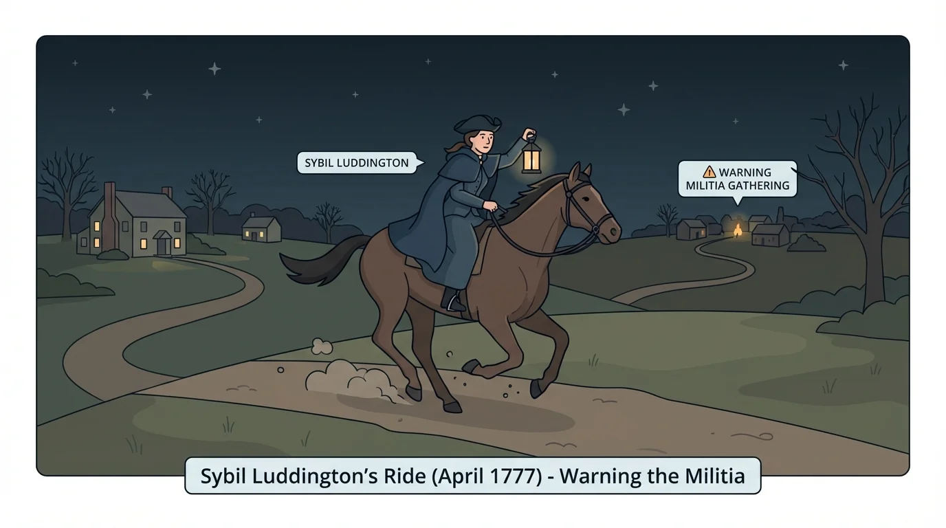 Illustration of Sybil Luddington riding horseback at night through the countryside to warn militia members