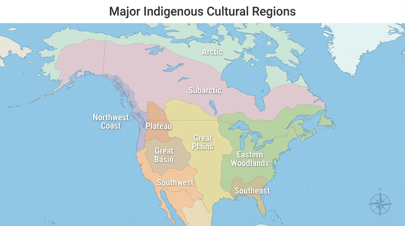 Map of North America showing major Indigenous cultural regions such as Eastern Woodlands, Great Plains, Southwest, Arctic, and Northwest Coast with simple labels