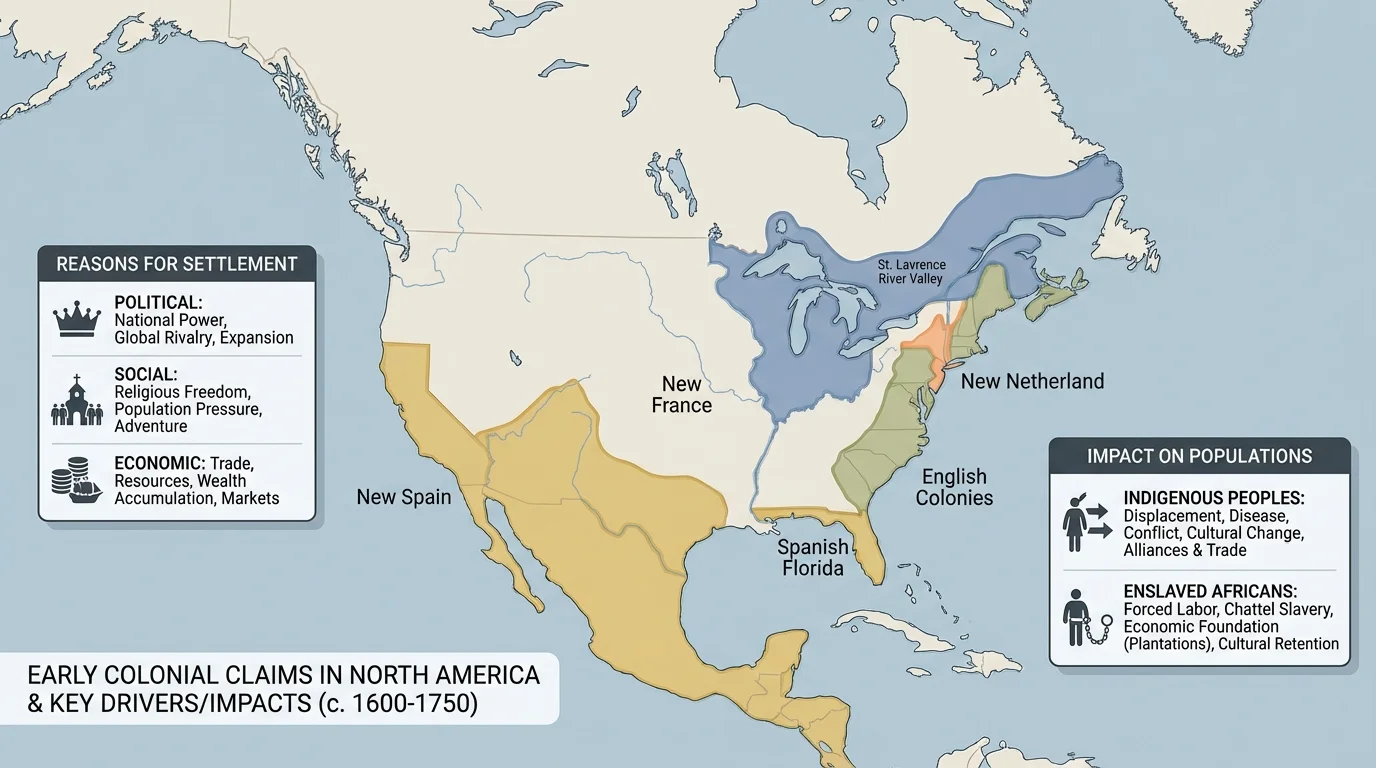 Map showing early Spanish, French, English, and Dutch colonial claims in North America in different colors with simple labels