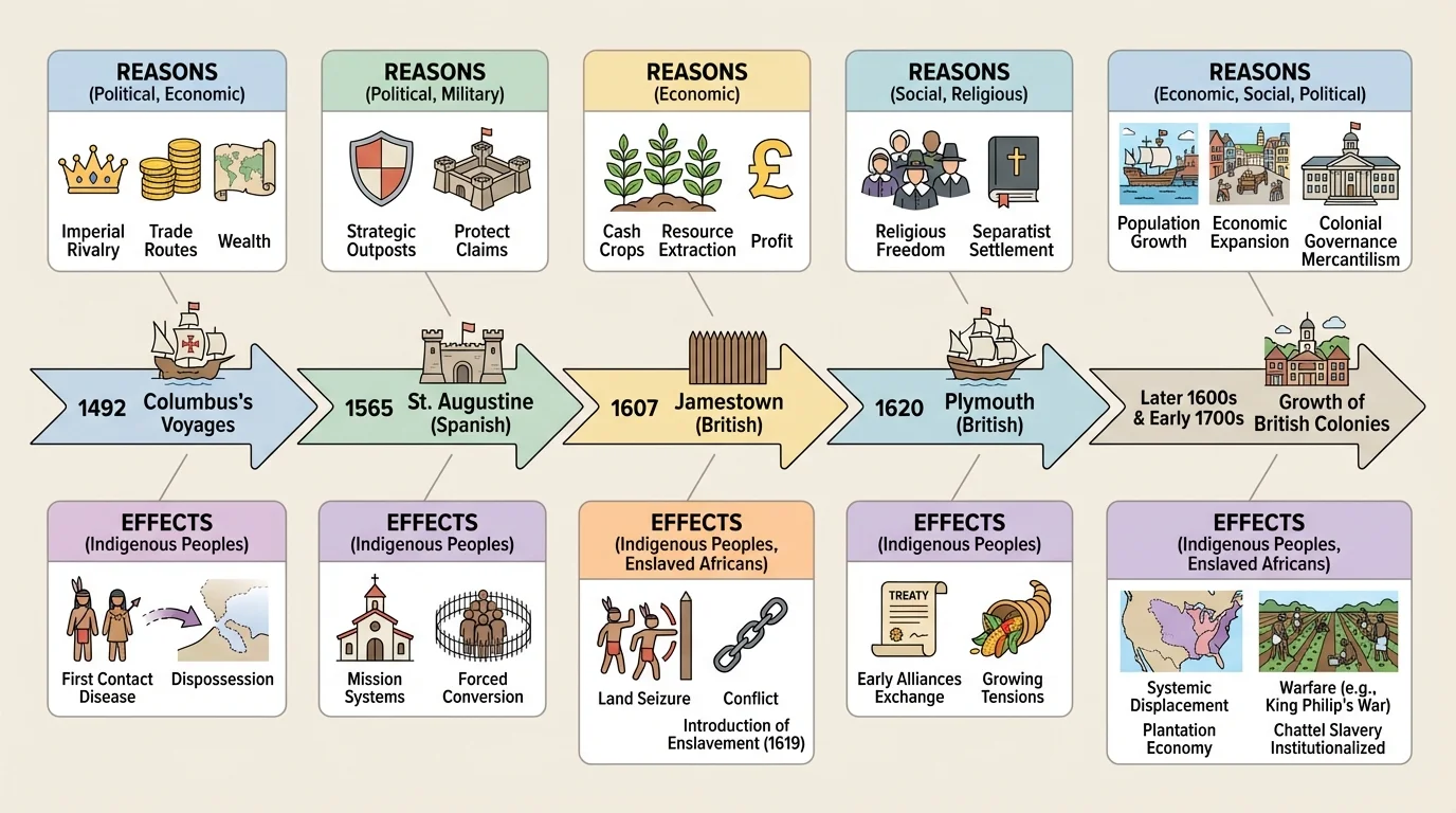 Timeline with Columbus's voyages in 1492, St. Augustine in 1565, Jamestown in 1607, Plymouth in 1620, and later growth of British colonies in the 1600s and early 1700s
