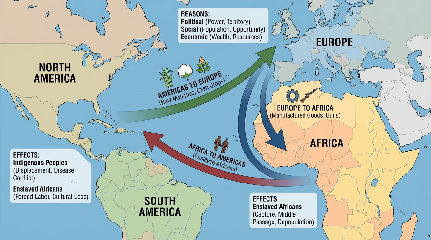 Simple map of the Atlantic world showing trade routes from Europe to Africa, Africa to the Americas, and the Americas to Europe with arrows