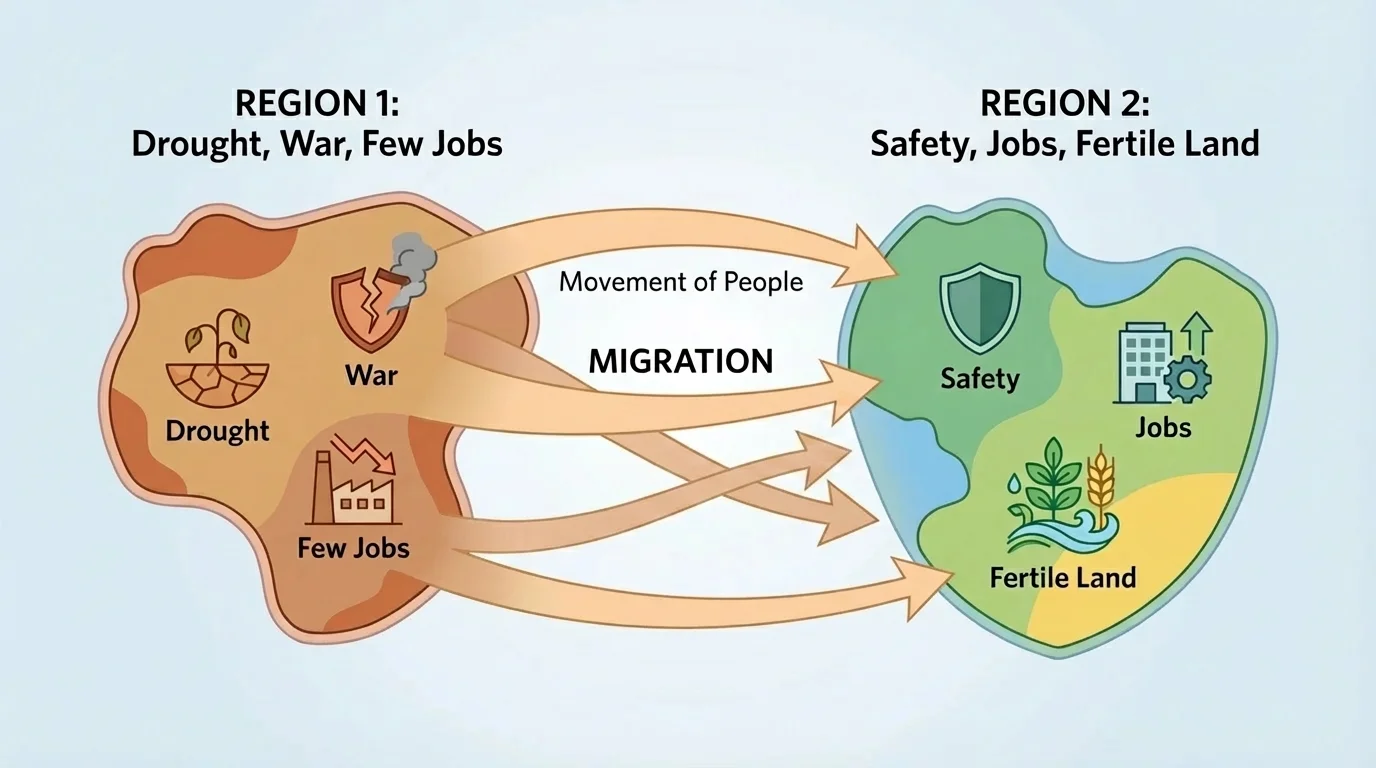 simple map-style diagram showing one region labeled drought, war, and few jobs and another region labeled safety, jobs, and fertile land, with arrows showing migration from the first place to the second