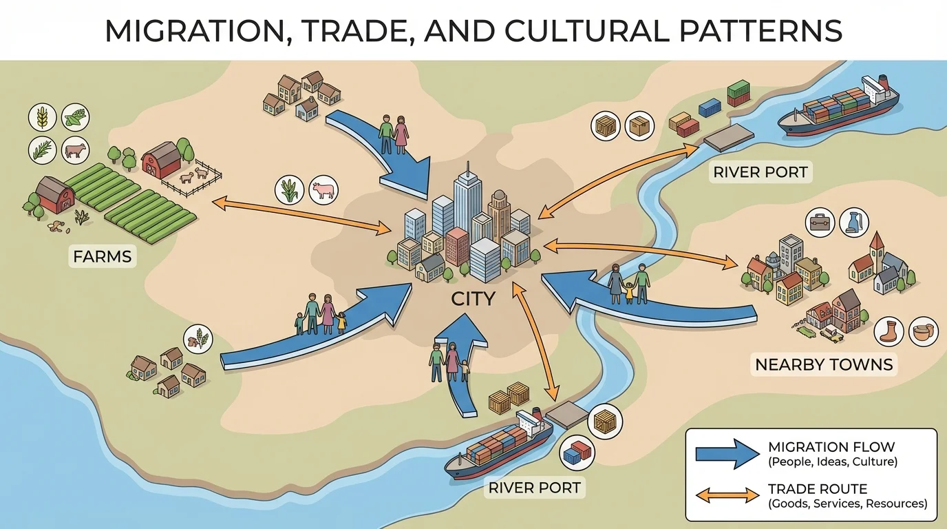 regional map with arrows showing migration into a city and separate trade lines connecting the same city to farms, a river port, and nearby towns, including a simple legend