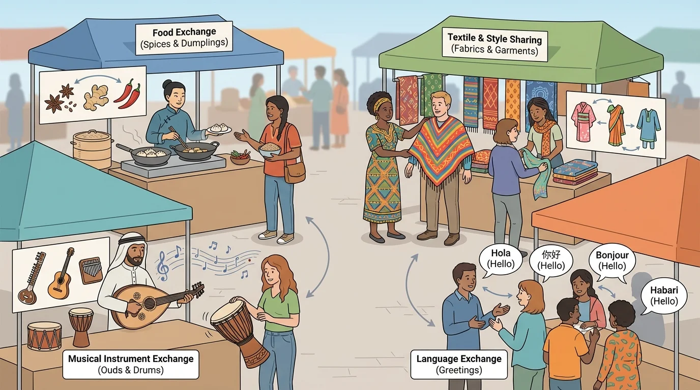 busy market scene where people from different cultures share foods, clothing styles, musical instruments, and language words, showing cultural diffusion in everyday life
