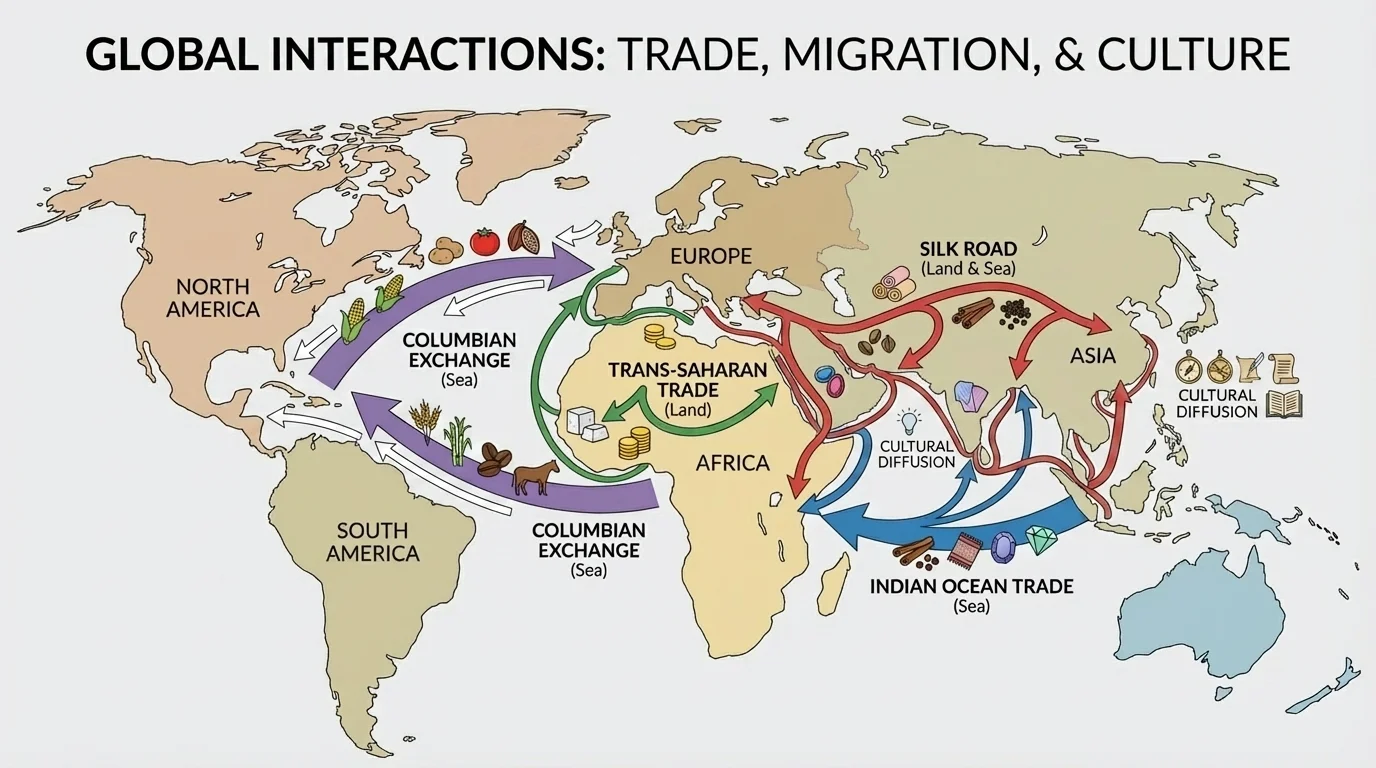 simple world map highlighting major trade connections among Asia, Africa, Europe, and the Americas with icons for silk, salt, spices, and crops and clear land and sea routes