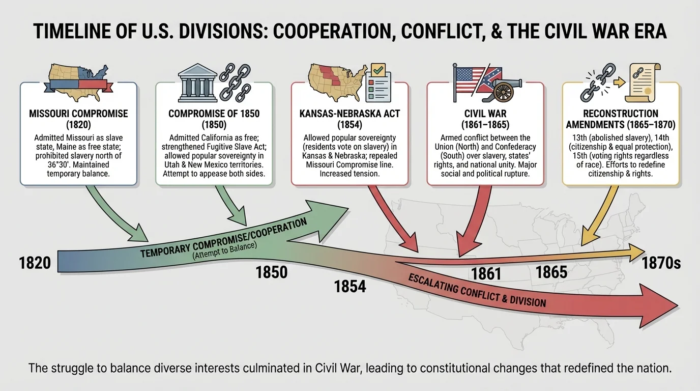 Timeline with Missouri Compromise, Compromise of 1850, Kansas-Nebraska Act, Civil War, and Reconstruction amendments