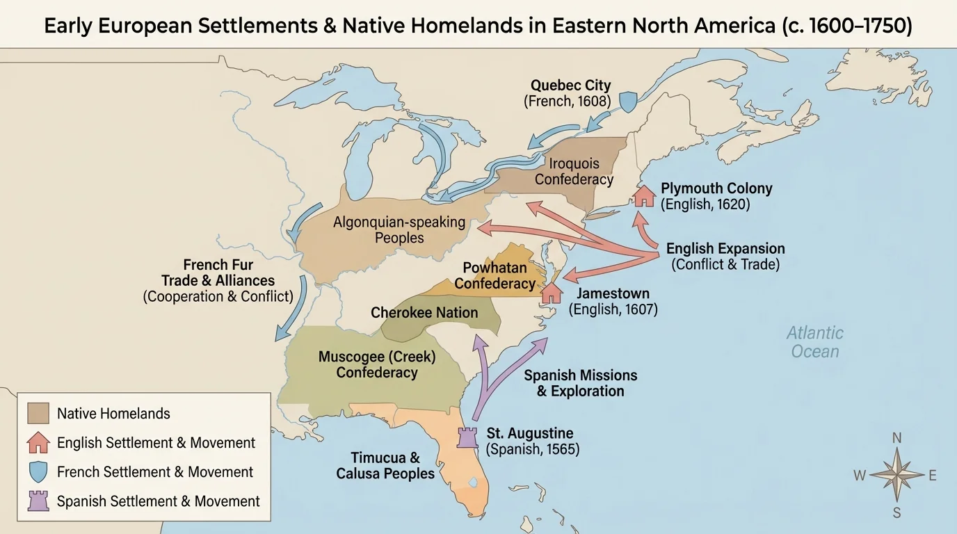 Eastern North America map showing Native homelands, early English French and Spanish settlements, and arrows of European movement inland