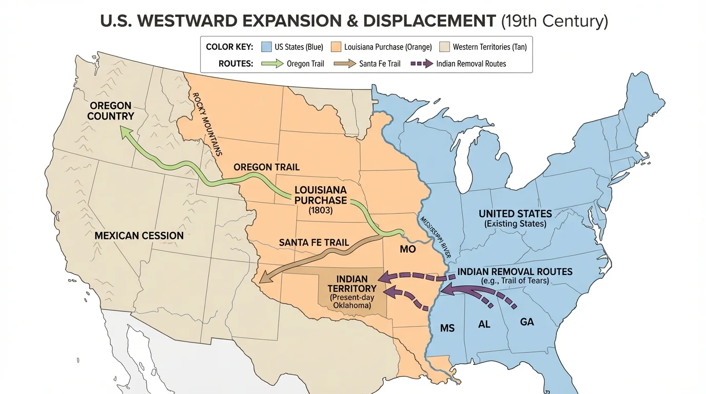 United States map showing Louisiana Purchase, westward trails, Indian Removal routes, and western territories