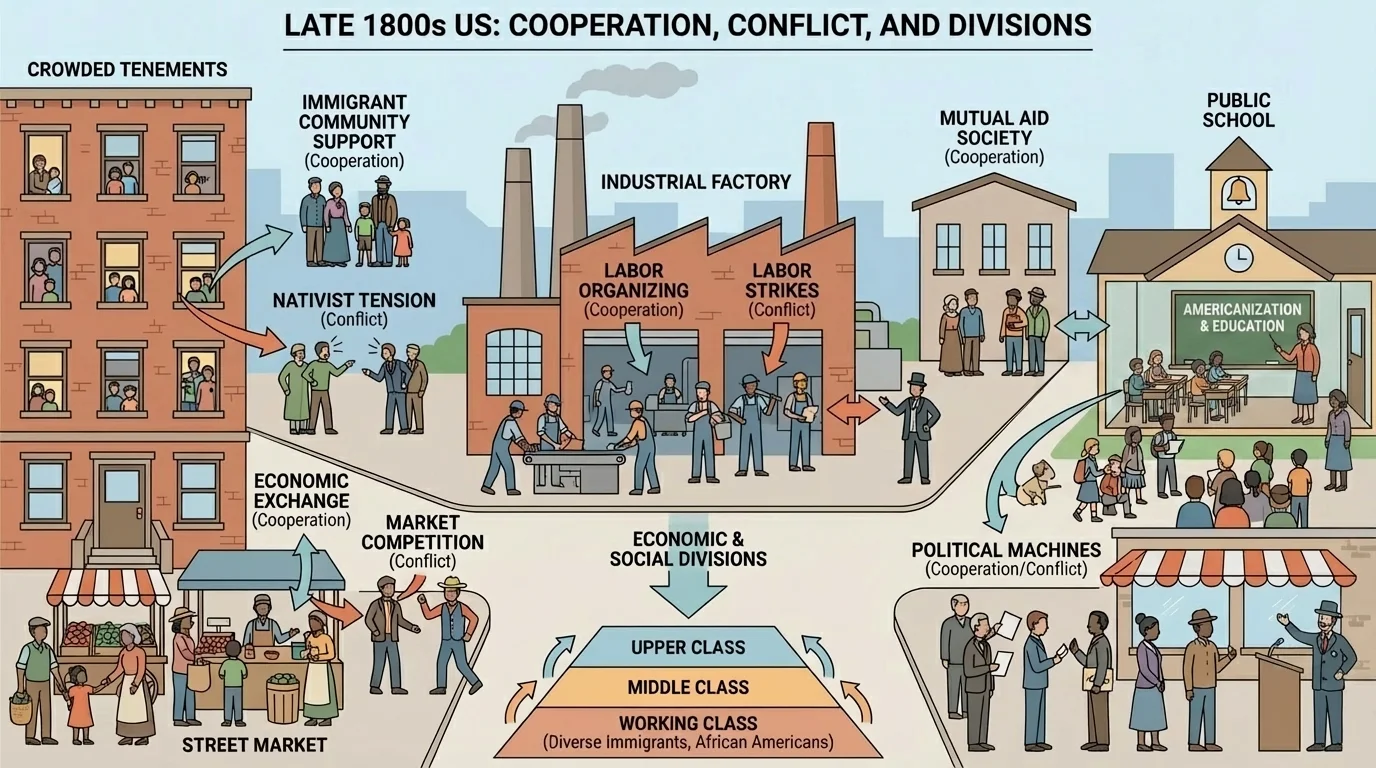 Late 1800s city neighborhood with immigrant families, factory, market, school, and crowded housing