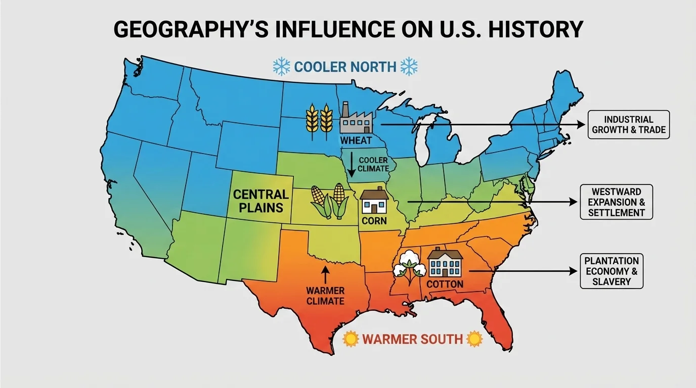 Simple U.S. regional map showing cooler North, warmer South, and central plains with example crops such as wheat, cotton, and corn