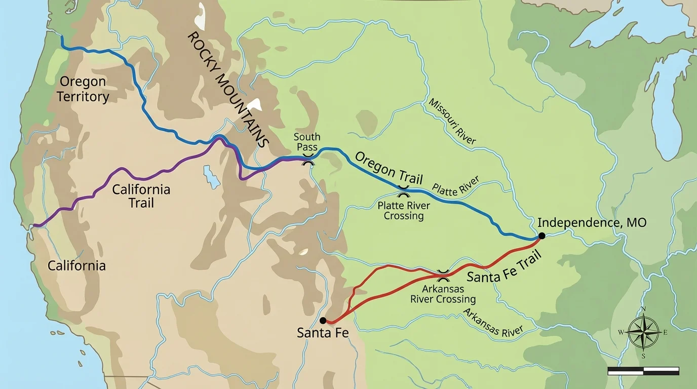 Map of the Great Plains with the Oregon Trail, Santa Fe Trail, and California Trail across grasslands and river crossings