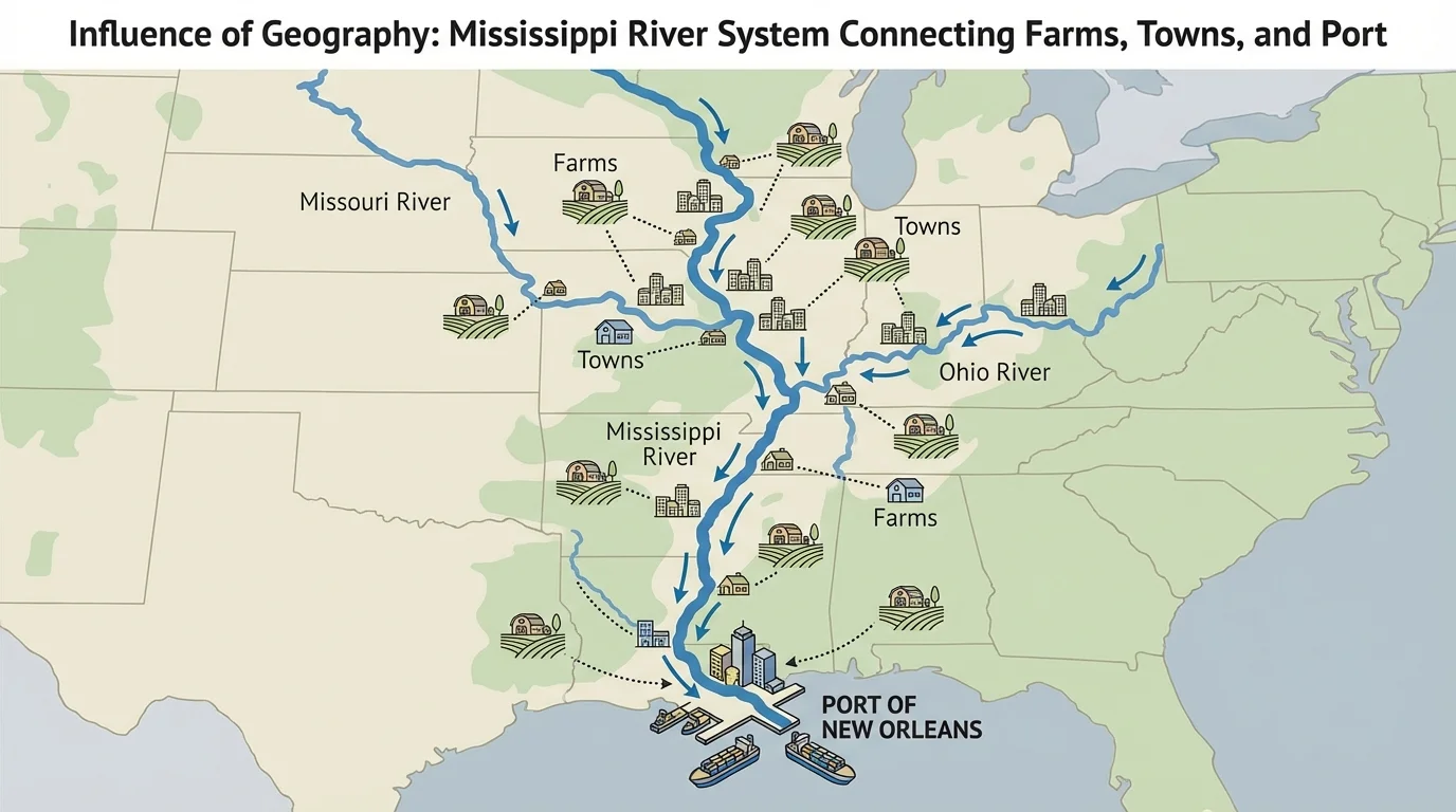 Map of the Mississippi, Ohio, and Missouri rivers connecting farms, towns, and the port of New Orleans