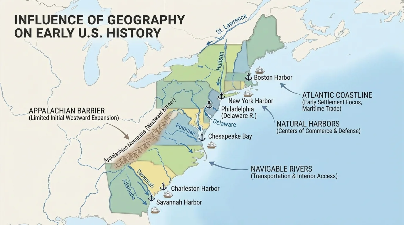 Eastern North America map showing Atlantic coastline, original colonies, major rivers, and natural harbors