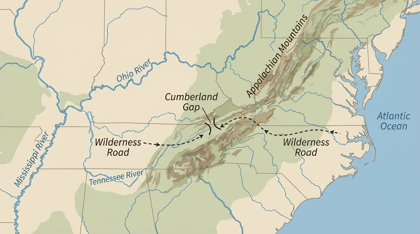 Map of eastern United States showing the Appalachian Mountains and Cumberland Gap as a crossing route