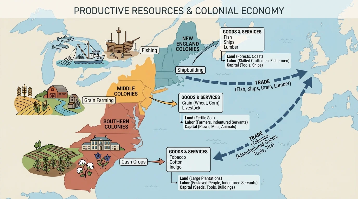 American colonies map with New England labeled fishing and shipbuilding, Middle Colonies labeled grain farming, Southern Colonies labeled cash crops, and arrows showing trade