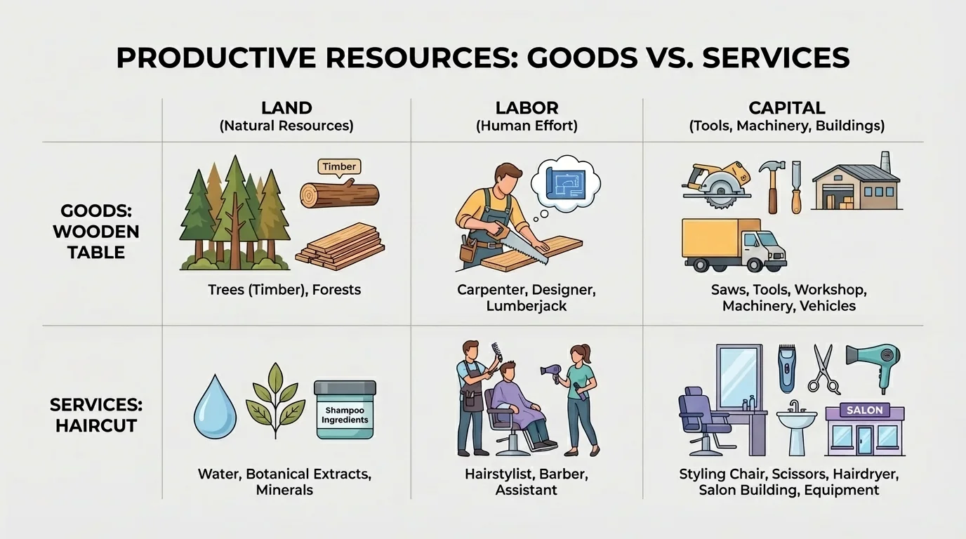 comparison chart of a wooden table and a haircut with columns for land, labor, and capital resources used in each