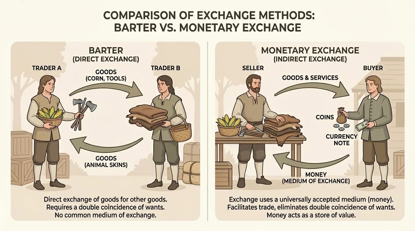 Two Early America traders exchanging corn, animal skins, and tools with arrows showing goods moving both ways