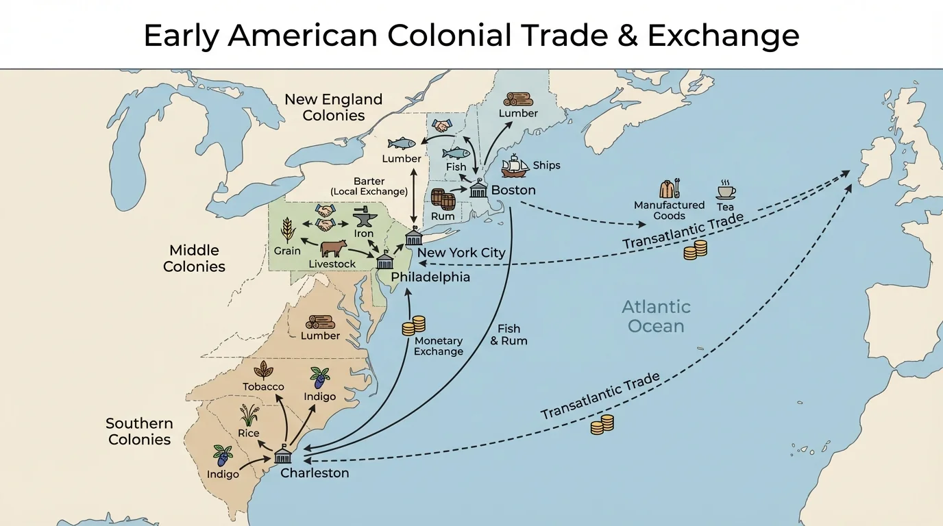 Simple map of Early American colonies labeled with major regional products and trade directions to towns and ports