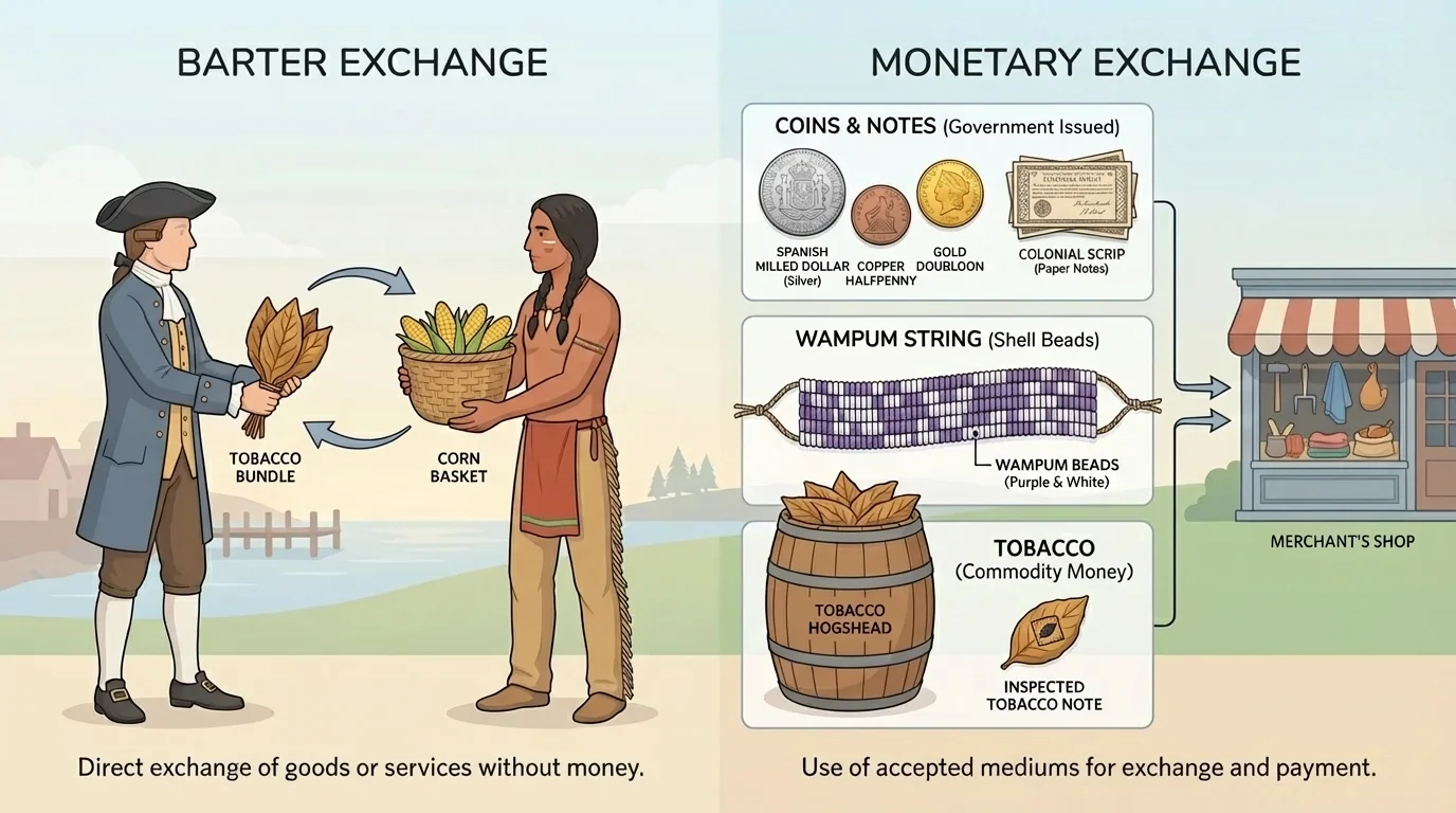 Comparison illustration of coins, paper notes, strings of wampum, and tobacco as accepted exchange items in Early America