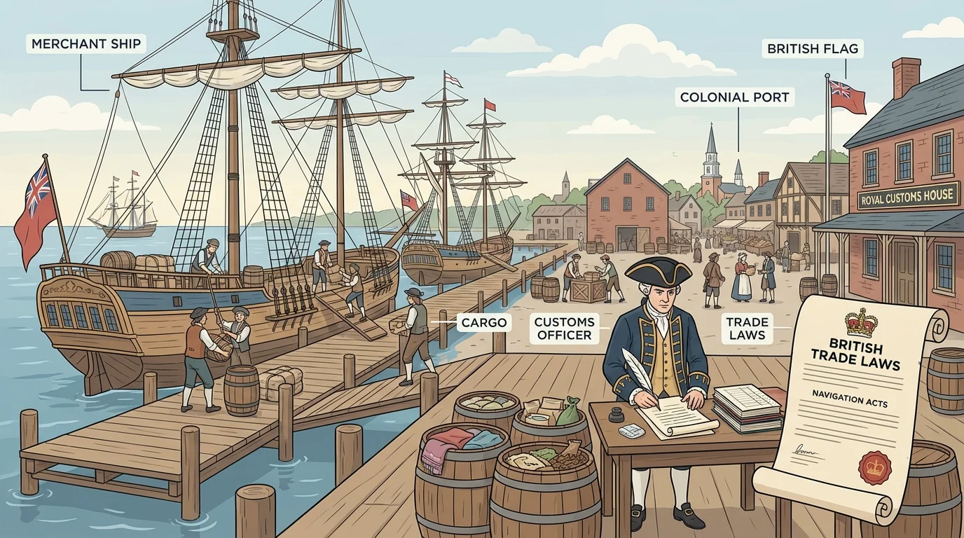 Colonial harbor scene with ships unloading cargo while a customs officer inspects barrels and papers to enforce British trade laws