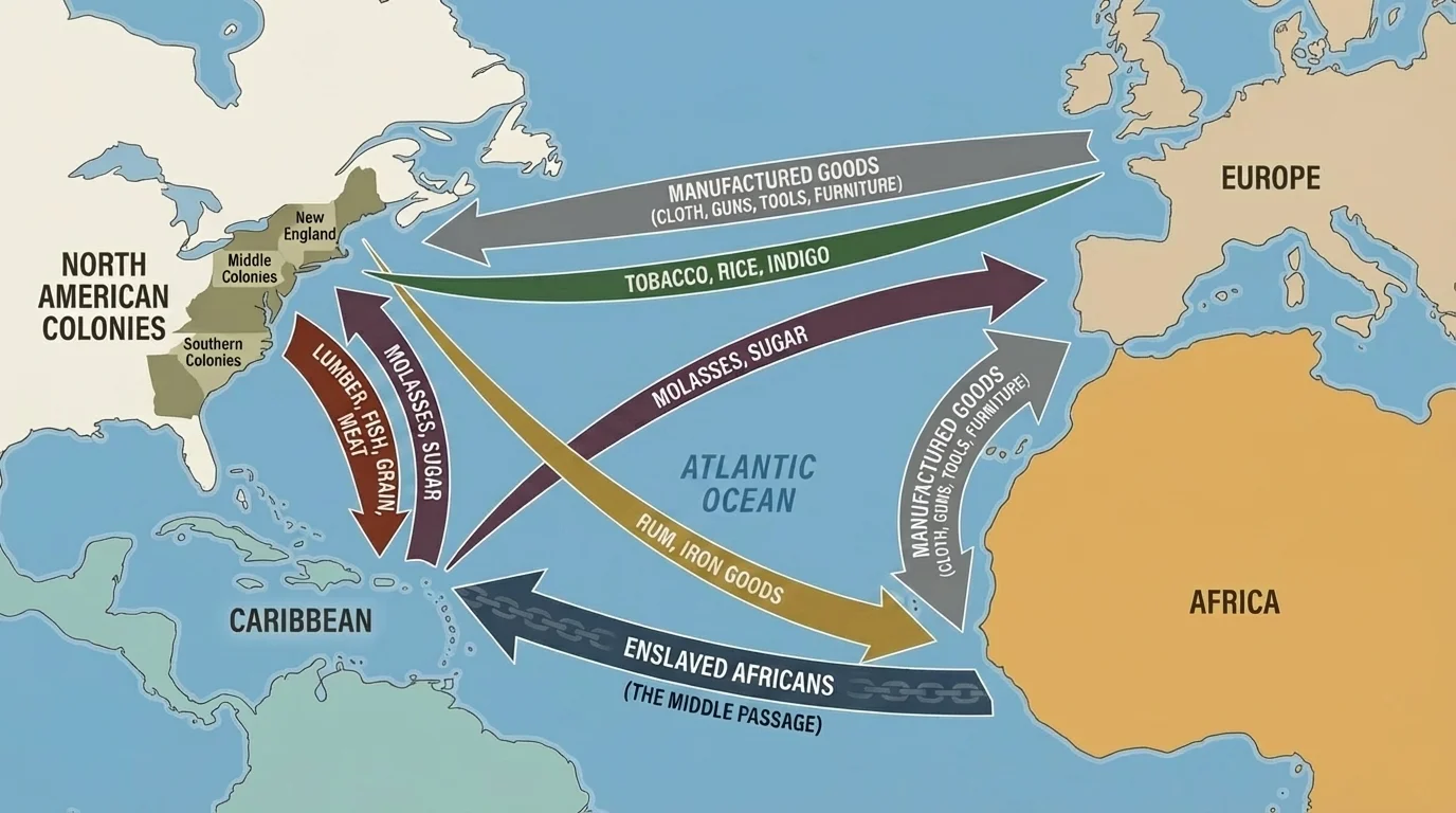 Map of the Atlantic Ocean showing triangular trade routes among the colonies, Europe, Africa, and the Caribbean with arrows for rum, molasses, manufactured goods, enslaved Africans, and raw materials