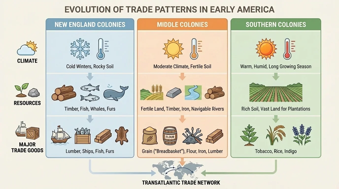 Chart comparing New England, Middle Colonies, and Southern Colonies by climate, resources, and major trade goods such as fish, lumber, grain, tobacco, rice, and indigo