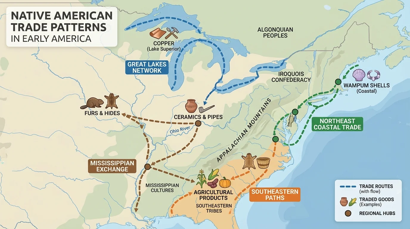 Map of eastern North America showing Native American trade routes connecting regions and examples of traded goods such as shells, furs, copper, and food