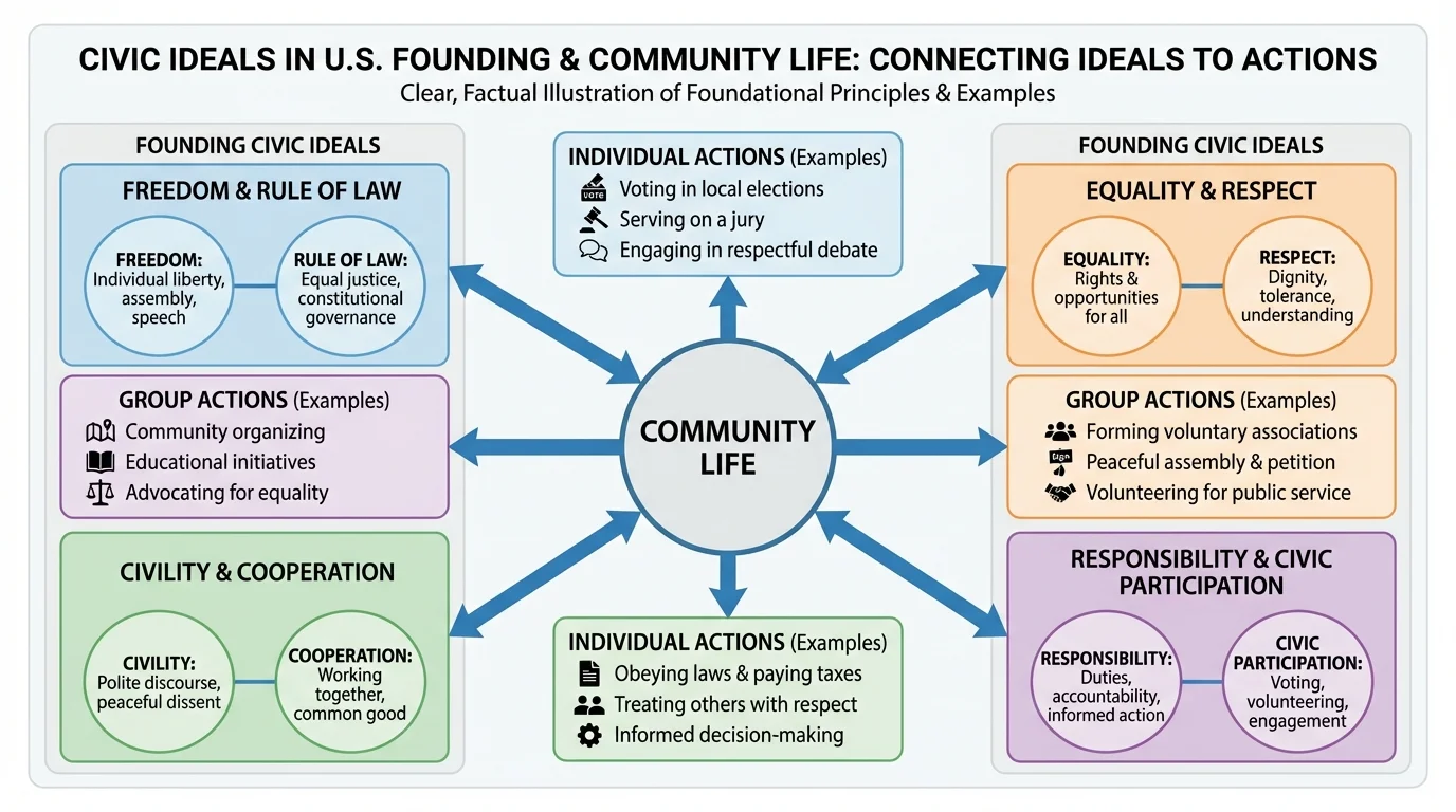 chart showing civic ideals such as freedom, equality, rule of law, cooperation, responsibility, civility, respect, and civic participation connected to community life