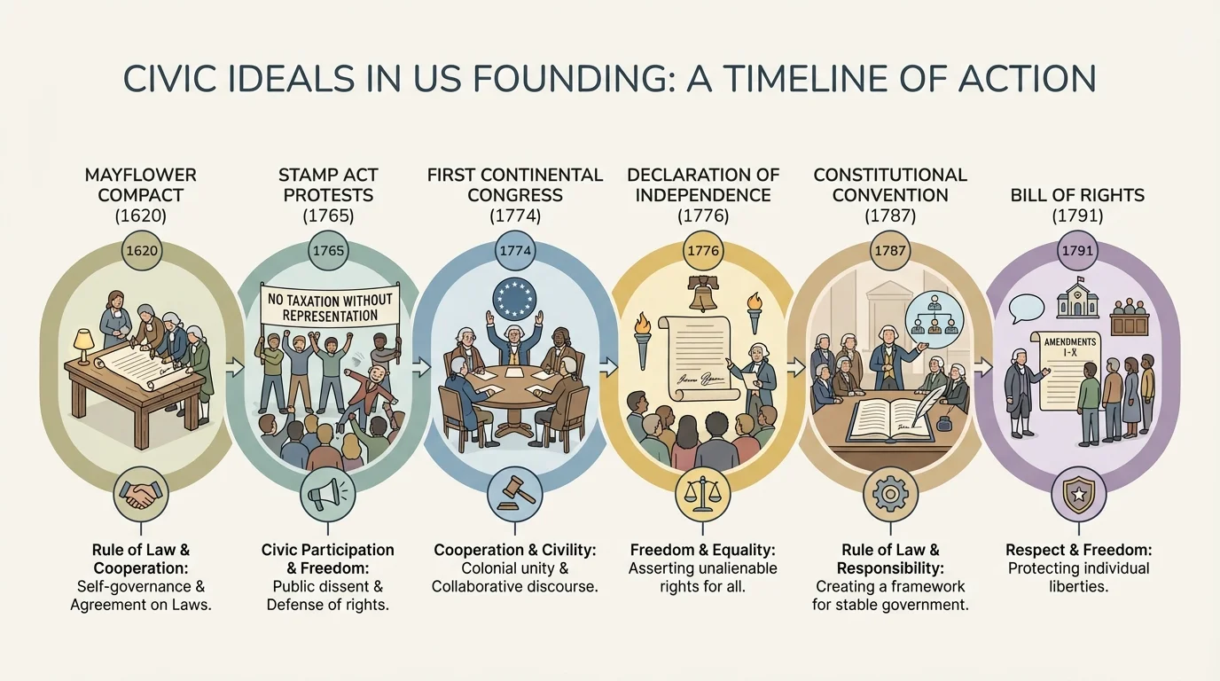 timeline with events including Mayflower Compact, Stamp Act protests, First Continental Congress, Declaration of Independence, Constitutional Convention, and Bill of Rights