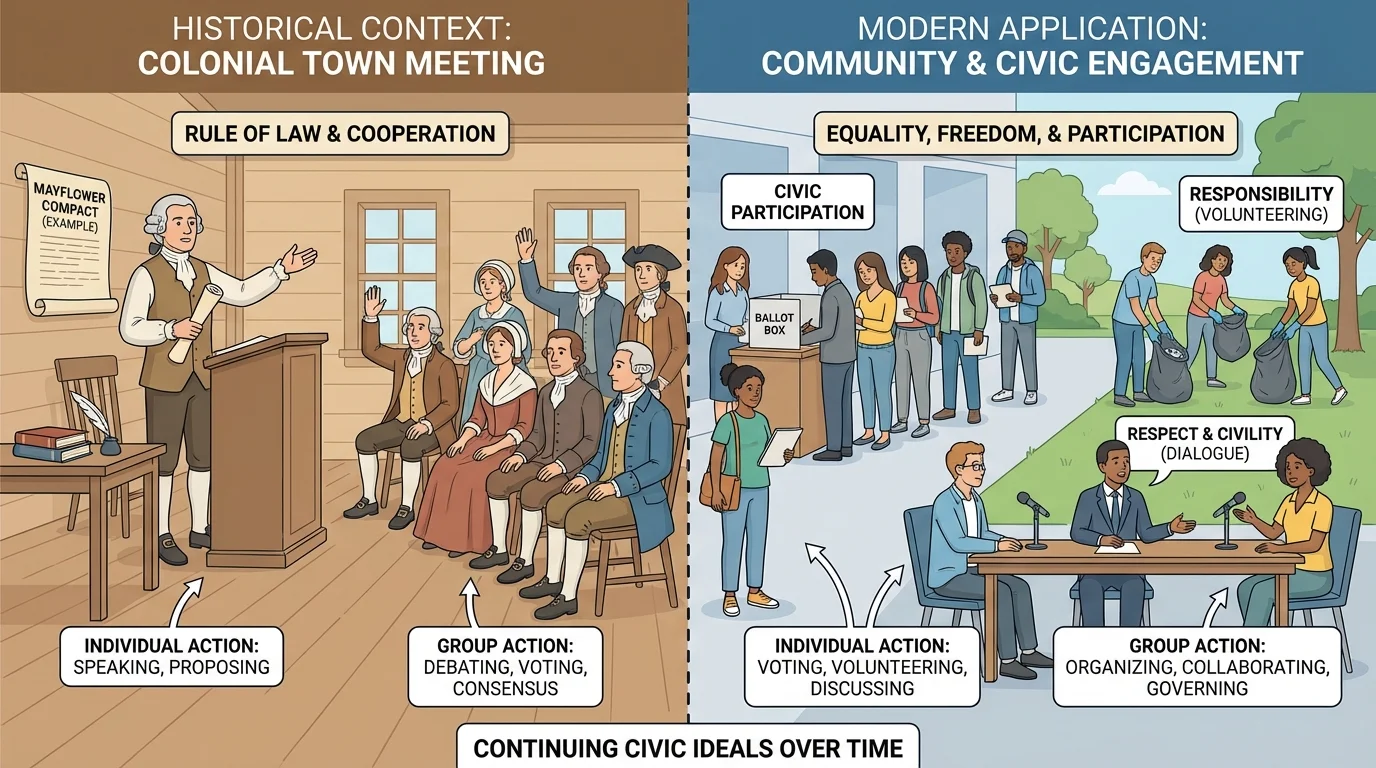 illustration split into two scenes, colonists at a town meeting and modern students or community members voting, volunteering, and speaking respectfully