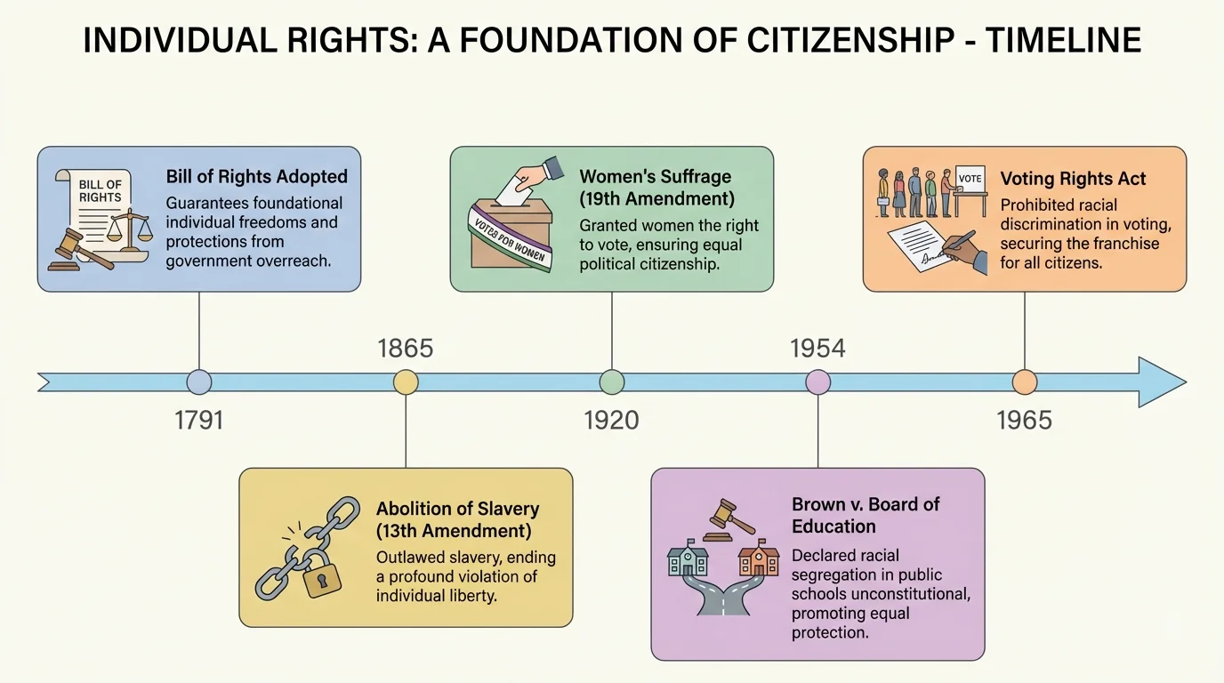 Timeline with selected events such as the Bill of Rights adoption, abolition of slavery, women's suffrage, Brown v. Board of Education, and the Voting Rights Act