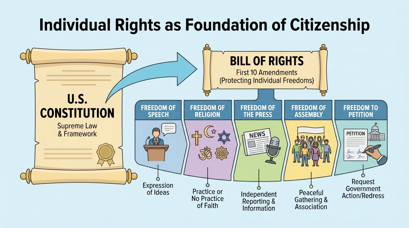 Simple civic diagram showing the U.S. Constitution as the main document and the Bill of Rights as the first 10 amendments protecting freedoms such as speech, religion, press, assembly, and petition