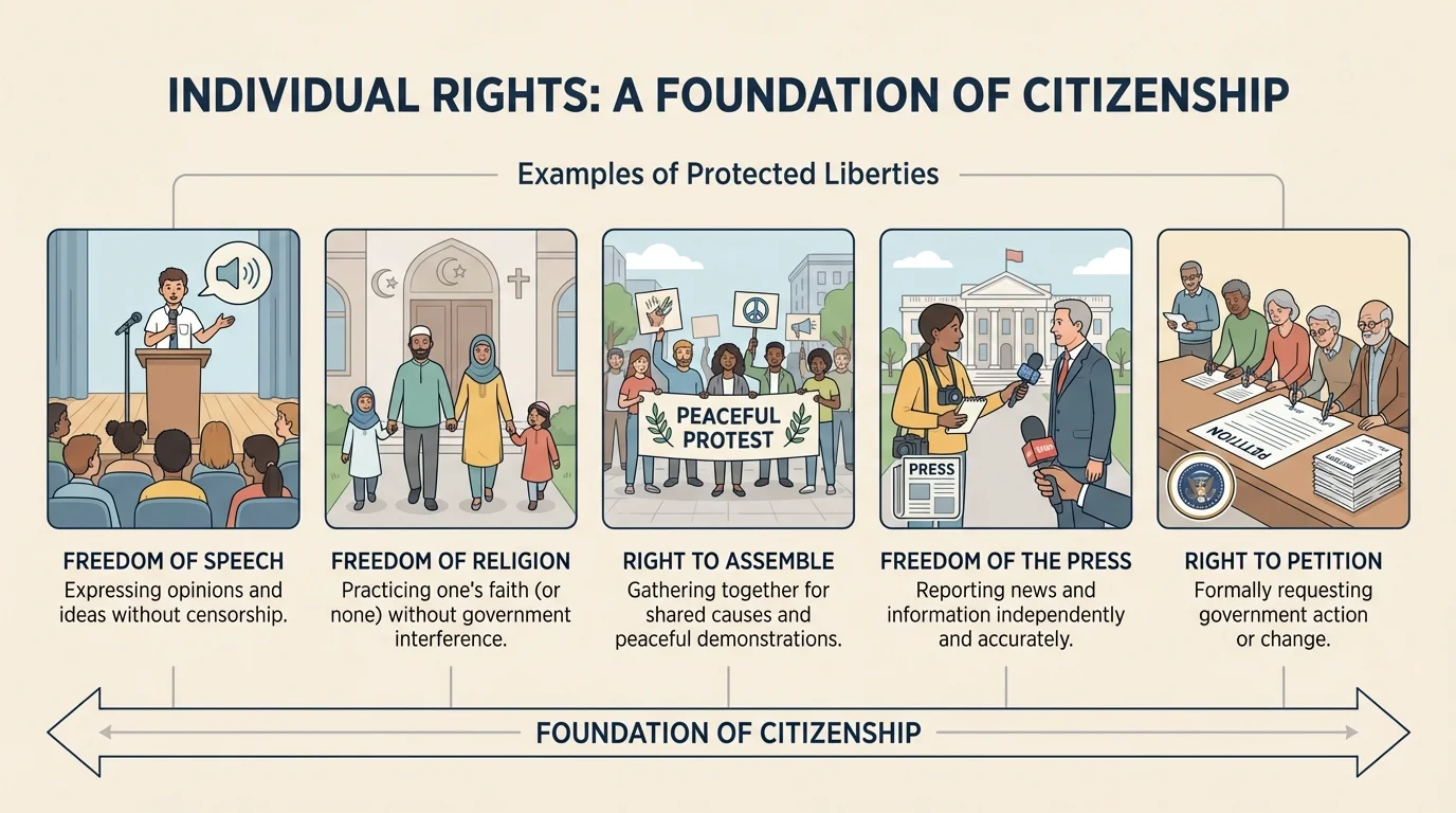 Illustration with labeled scenes of a student speaking at a meeting, a family attending worship, people holding a peaceful protest sign, a newspaper reporter, and citizens signing a petition
