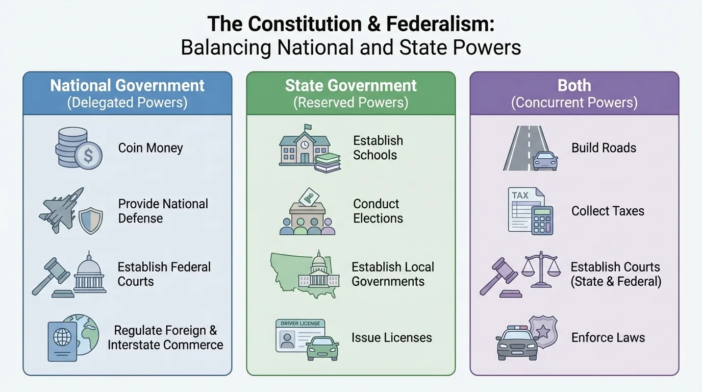Comparison chart with three columns labeled national government, state government, and both, using examples such as money, defense, schools, roads, taxes, courts, and elections