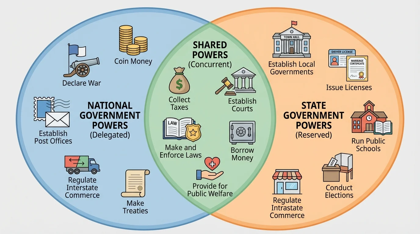 Venn-style diagram showing national government powers in one circle, state government powers in another circle, and shared powers in the overlap with simple labels such as declare war, schools, taxes, and courts