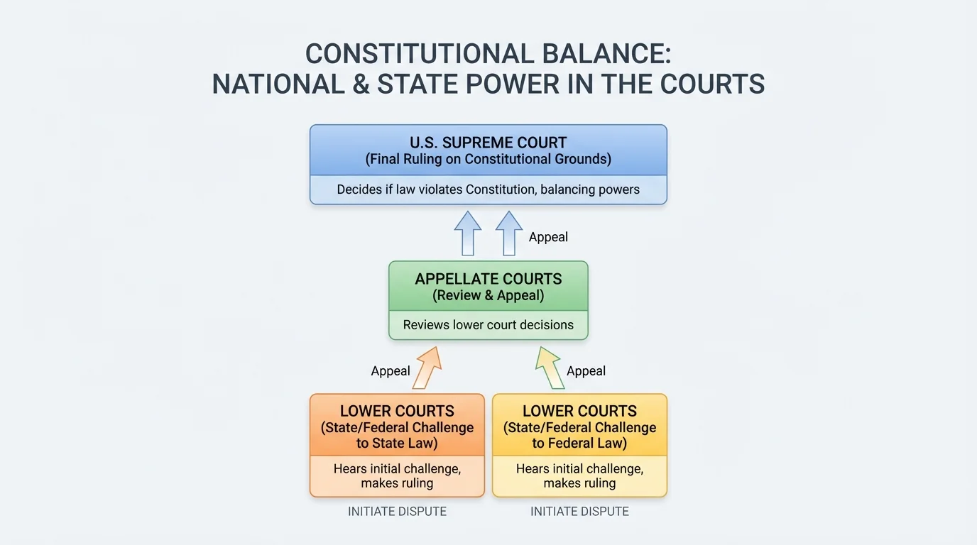 Simple court dispute flowchart showing state law or federal law challenged in lower court, appealed, then decided by the Supreme Court on constitutional grounds