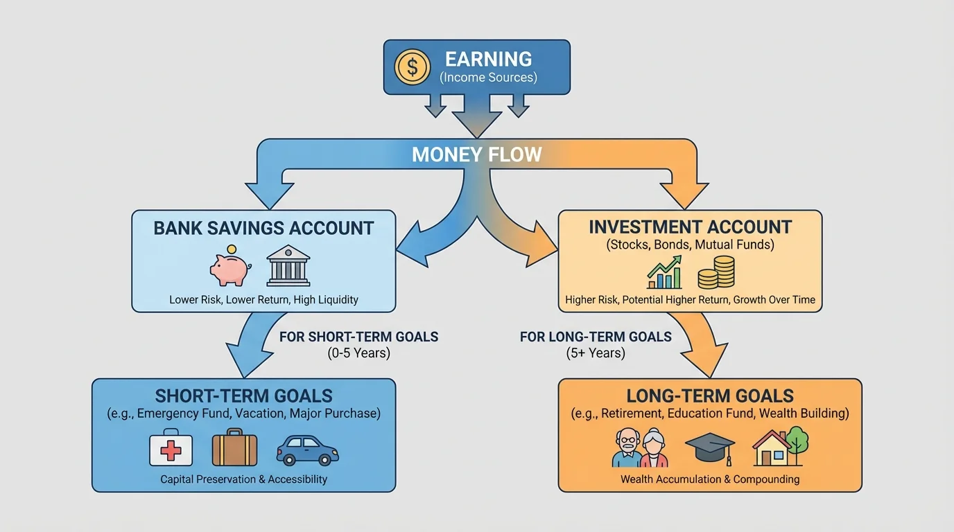 Flowchart showing money going from earning to bank savings account for short-term goals and to investment account for long-term goals